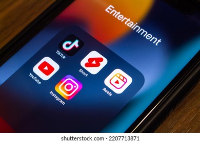 Vancouver, CANADA - Sep 27 2022 : TikTok, YouTube Shorts And Instagram Reels Icons On An IPhone. Social Short Video App Concept