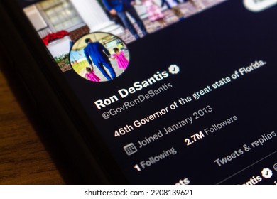 Vancouver, CANADA - Sep 27 2022 : Twitter Account Of Ron DeSantis On An IPhone. He Is The 46th Governor Of Florida Since 2019