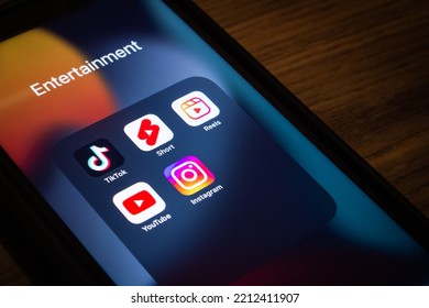 Vancouver, CANADA - Sep 27 2022 : TikTok, YouTube Shorts And Instagram Reels Icons On An IPhone In Dark Mood. Social Short Video App Concept