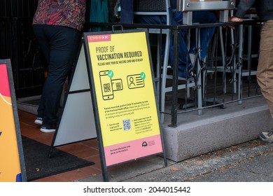 Vancouver, Canada -September 19,2021: View Of Sign At The Entrance Of Local Restaurant BC Vaccine Card And ID Card With The Name Are Mandatory