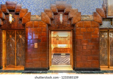 Vancouver, Canada - September 28, 2018: Closeup of the art deco style elevators in the public lobby of the old 1930 Marine Building skyscraper in downtown Vancouver, Canada.