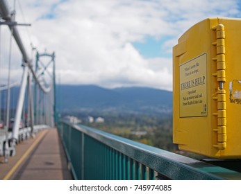 Vancouver, Canada - September 4, 2016: Suicide Help Line On A Bridge. The Photo Was Taken On The Famous Lions Gate Bridge In Vancouver, Canada, But Is Suitable For A Variety Of Uses.