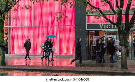 Vancouver Canada,December 26 2016,Boxing Day Shopping With Rain Snow Backgrounds,Robson St,Vancouver Canada