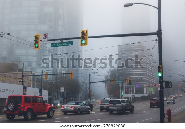 Vancouver Canada,December 7,2017.Vancouver\
downtown foggy\
morning