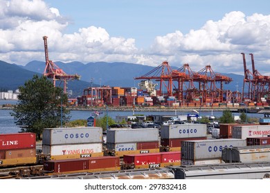 VANCOUVER - CIRCA JULY 2015:   This Is The Busiest Port For Importing Goods From Asia In Containers And Shipping Them Across The Continent By Rail As Seen In Vancouver In July 2015.