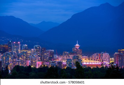 Vancouver City Skyline At Night, British Columbia, Canada 