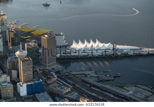 Vancouver Downtown, British Columbia, Canada -\
April 24, 2017 - Aerial view on Canada Place, Coal Harbour, and\
Vancouver Convention\
Centre.