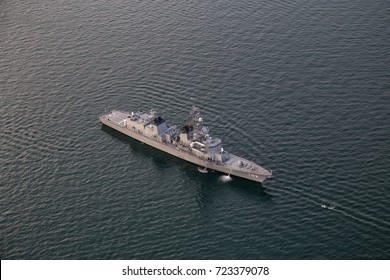 Vancouver Harbour, British Columbia, Canada - Sept 15, 2017 - Canadian Navy Destroyer Ship Is Parked In Front Of Downtown City.