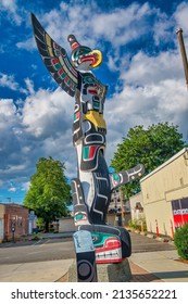 Vancouver Island, Canada - August 13, 2017: Canadian Aboriginal Totem Poles in the Town of Duncan