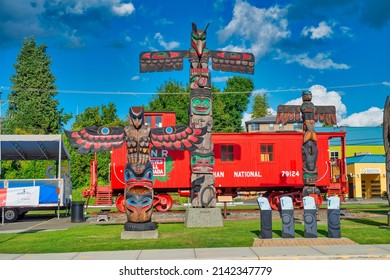 Vancouver Island, Canada - August 13, 2017: Canadian Aboriginal Totem Poles In The Town Of Duncan