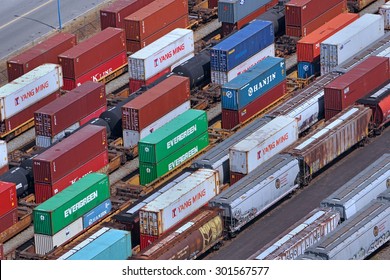 VANCOUVER - JULY 2015:   Vancouver Is Canada's Busiest Port For Importing Goods From Asia In Containers And Shipping Them Across The Continent By Rail As Seen In Vancouver In July 2015.