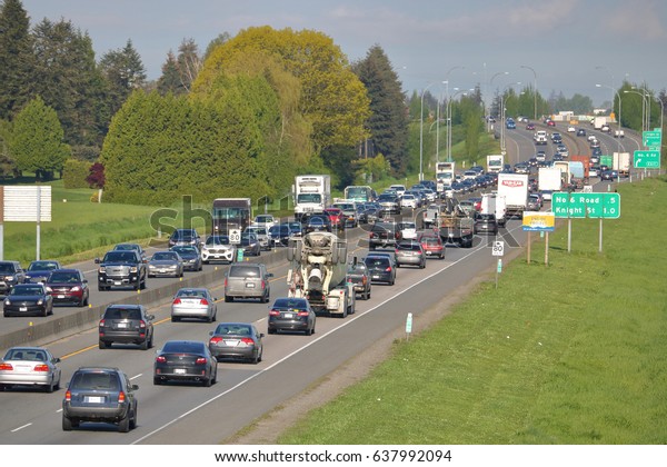 VANCOUVER - May 09,\
2017: Heavy weekend traffic on highways near Vancouver, British\
Columbia on May 09,\
2017.