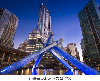 Vancouver Olympic Flame Plaza.  Sunset shot of Vancouver 2010 Winter Games flame.