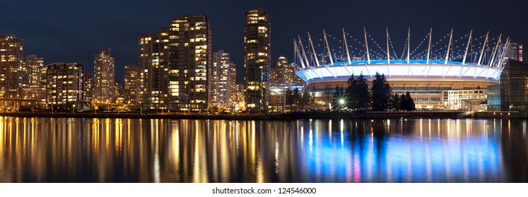 Vancouver Panorama With BC Place Stadium In The Night