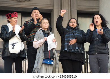 Vancouver,BC/Canada - 10/25/2019: Greta Thunberg With Grand Chief Stewart Phillip (Union Of BC Indian Chiefs), His Wife Joan, Chief Judy Wilson Of The Neskonlith First Nation, And Severn Cullis-Suzuki