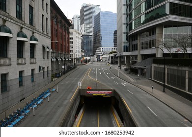 VANCOUVER,BC,CANADA: MARCH 22,2020: Streets of Vancouver's downtown are empty during coronavirus pandemic, Vancouver, BC, Canada, March 22, 2020.