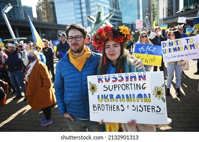 VANCOUVER,CANADA-MARCH 6,2022: Hundreds of people took part in a protest against Russia's military operation in Ukraine, in Vancouver, Canada, March 6, 2022.