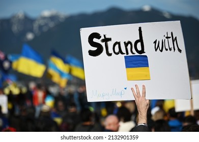 VANCOUVER,CANADA-MARCH 6,2022: Hundreds of people took part in a protest against Russia's military operation in Ukraine, in Vancouver, Canada, March 6, 2022. - Shutterstock ID 2132901359