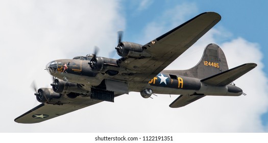 VANDALIA, OHIO / USA - JUNE 23, 2018: A World War II era B-17 Flying Fortress, the Memphis Belle, performs at the 2018 Vectren Dayton Airshow.