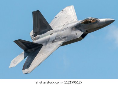 VANDALIA, OHIO / USA - JUNE 24, 2018: A United States Air Force F-22 Raptor performs a demo at the 2018 Vectren Dayton Airshow.