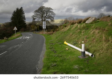 A vandalised cut down post that supported an average speed camera on the Black Mountain in South Wales.