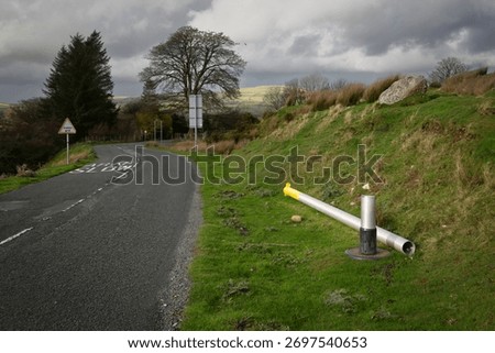 A vandalised cut down post that supported an average speed camera on the Black Mountain in South Wales.