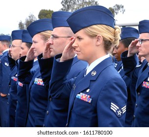 Vandenberg Air Force Base, California, USA: July 9, 2015: U.S. Air Force Military Personnel Salute During A Change Of Command Ceremony.