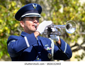 Vandenberg Air Force Base, California, USA - September 20, 2013: A U.S. Air Force Sergeant Plays Taps During A Military Ceremony Honoring U.S. Military Prisoners Of War And Missing In Action.