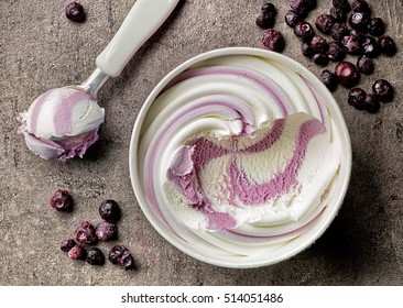 Vanilla And Blueberry Ice Cream On Gray Table, Top View