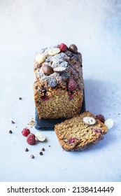 Vanilla Cake With Chocolates And Raspberry.  Sliced, Overhead View.