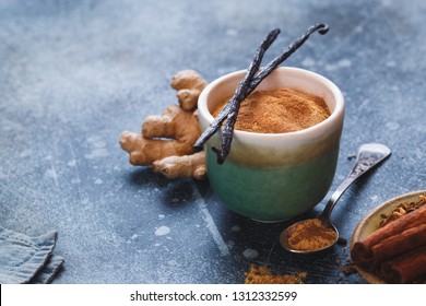 Vanilla Chai Tea Latte In Cup, Ingredients. Macro, Selective Focus