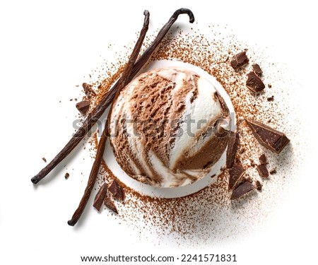 vanilla and chocolate ice cream ball isolated on white background, top view