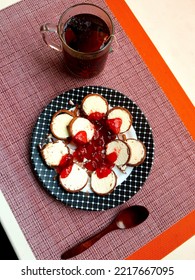 Vanilla Chocolate Ice Cream With Strawberry Jam On A Beautiful Plate.  Tea With Herbs, Linden And Mint.  Sunday Breakfast.