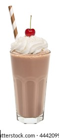 Vanilla Chocolate Milkshake With Whipped Cream And Cherry Isolated 