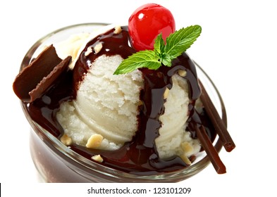 Vanilla And Chocolate Sauce,sorbet, Syrup, Sherbet  Sundae Dish Ice Cream In Cup Isolated On White Background