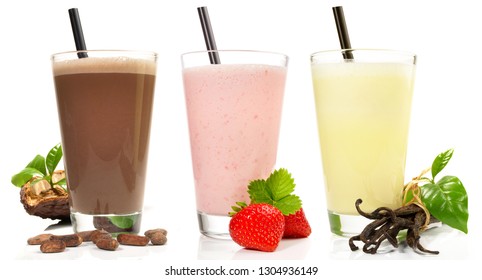 Vanilla, Chocolate, and Strawberry Milkshake in Glasses. Panorama  Banner, isolated on white Background.