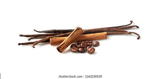 Vanilla, Cinnamon And Coffee On White Background. Spices Isolated.