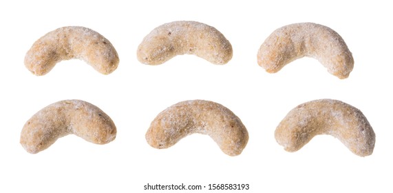 Vanilla Crescent Roll Sweets. Set Of Fragrant Baked Pastries Isolated On White Background. Close-up Of Traditional Czech Christmas And Wedding Nutty Cookies In Shape Of Rolls Dusted With Icing Sugar.