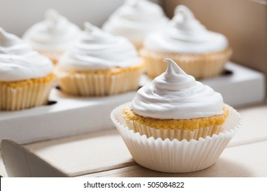 Vanilla Cupcakes With White Cream, Cupcake Packaging, Delivery Box, Selective Focus, Close Up