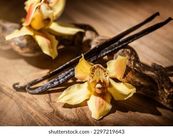 Vanilla flowers and pods close up. Vanilla beans over wooden background, macro shot. Aromatic condiments. 