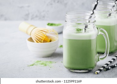 Vanilla Green Tea Matcha Milkshake In Glass Mason Jar