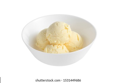 Vanilla Ice Cream In Ceramic Cup Isolated On White Background