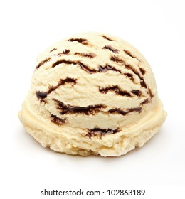 Vanilla Ice Cream With Chocolate Sauce, Sherbet, Syrup On White Background