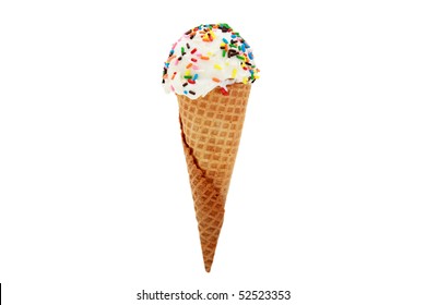 Vanilla Ice Cream Cone With Sprinkles  Isolated On White