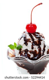 Vanilla  Ice Cream Covered With Chocolate  Syrup Closeup