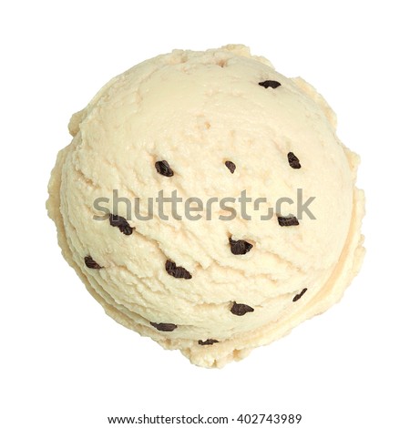 Vanilla ice cream scoop with chocolate chips morsels  from above or from top 
isolated on white background