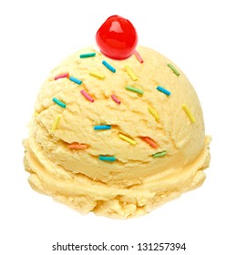 Vanilla Ice Cream Scoop With Sprinkles And Maraschino Cherry On White Background