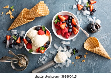 Vanilla Ice Cream Scoops With Fresh Berries Overhead Shot