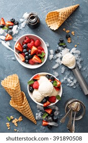 Vanilla Ice Cream Scoops With Fresh Berries Overhead Shot