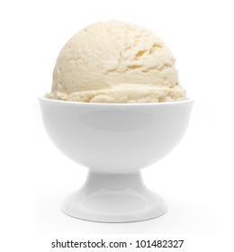 Vanilla ice cream in sundae dish bowl isolated on white background